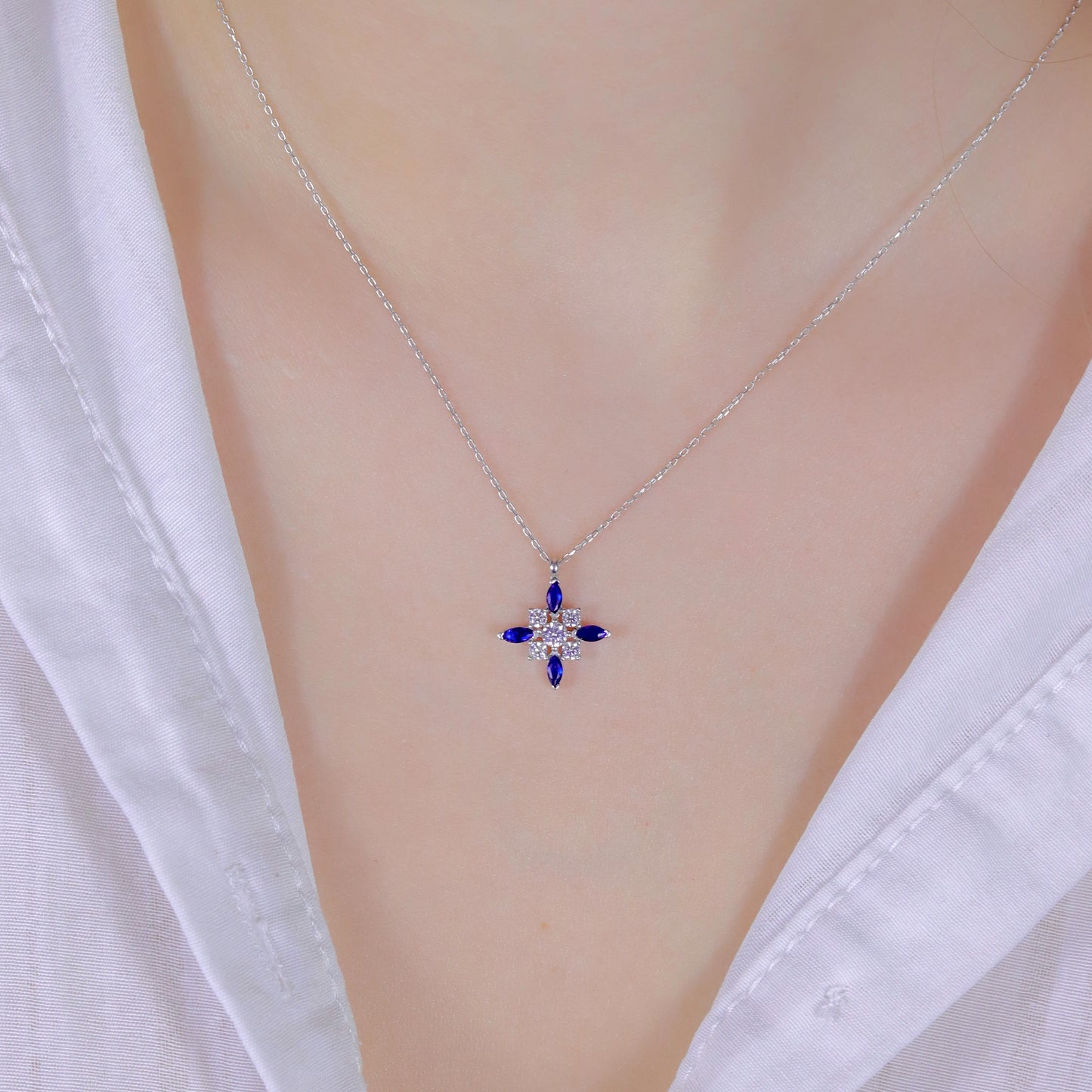 925 Sterling Silver Star Necklace with Sapphire Stone