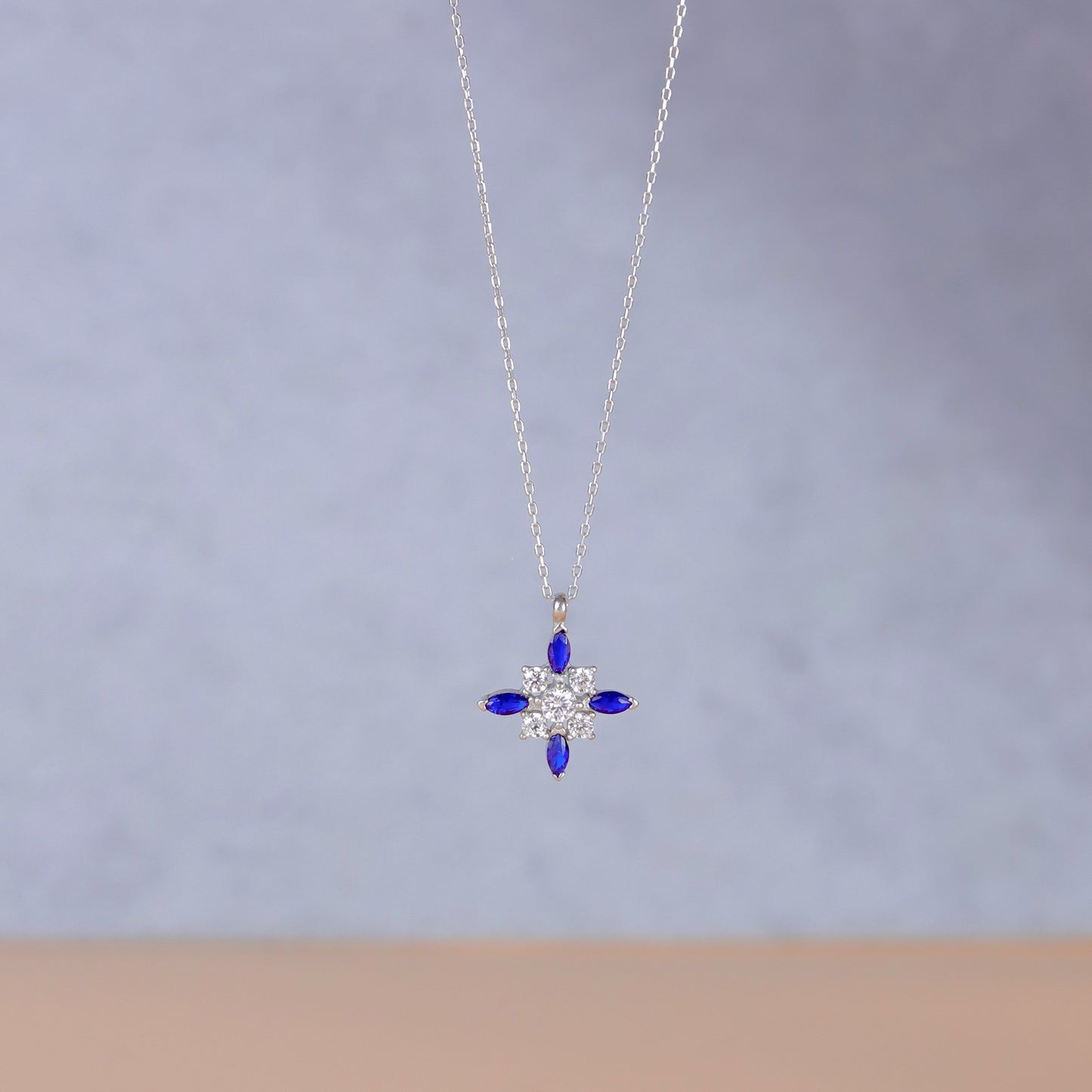 925 Sterling Silver Star Necklace with Sapphire Stone