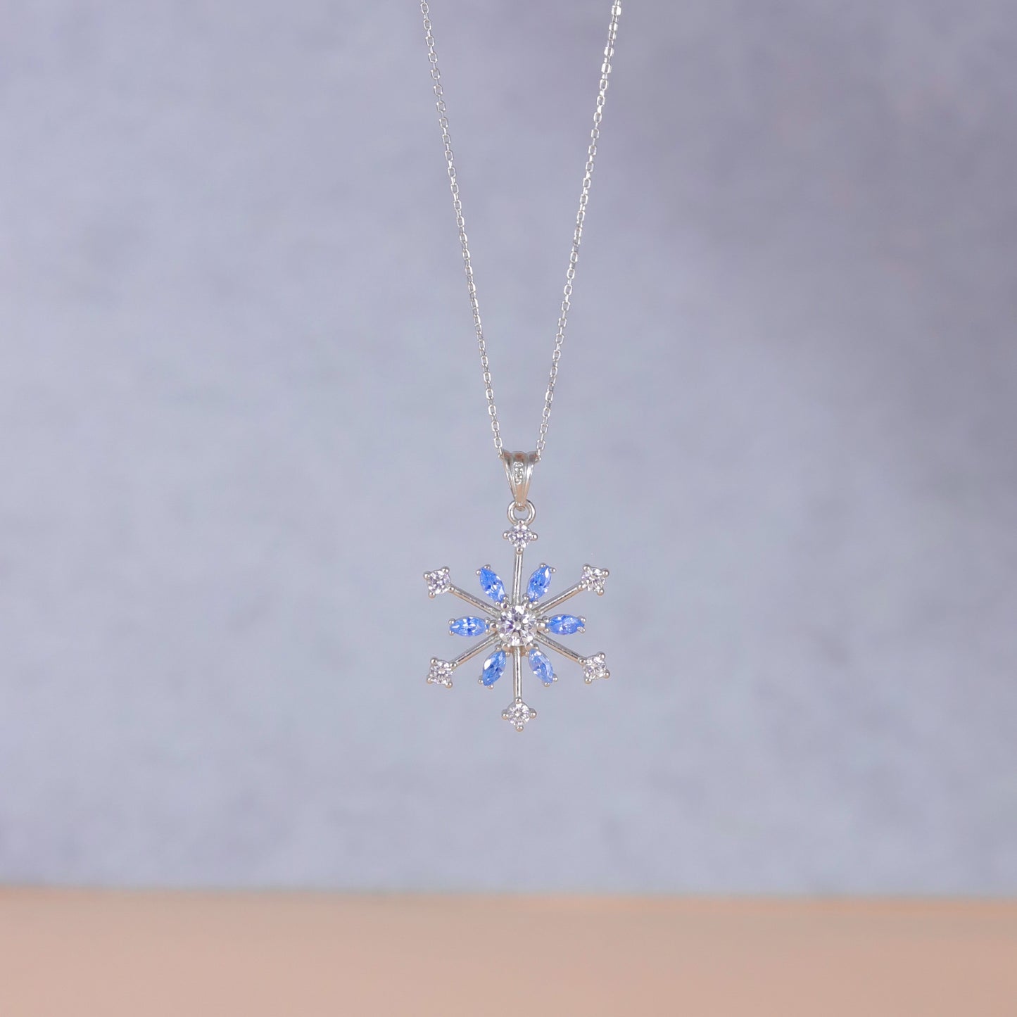 925 Sterling Silver Snowflake Necklace with Aquamarine Stone