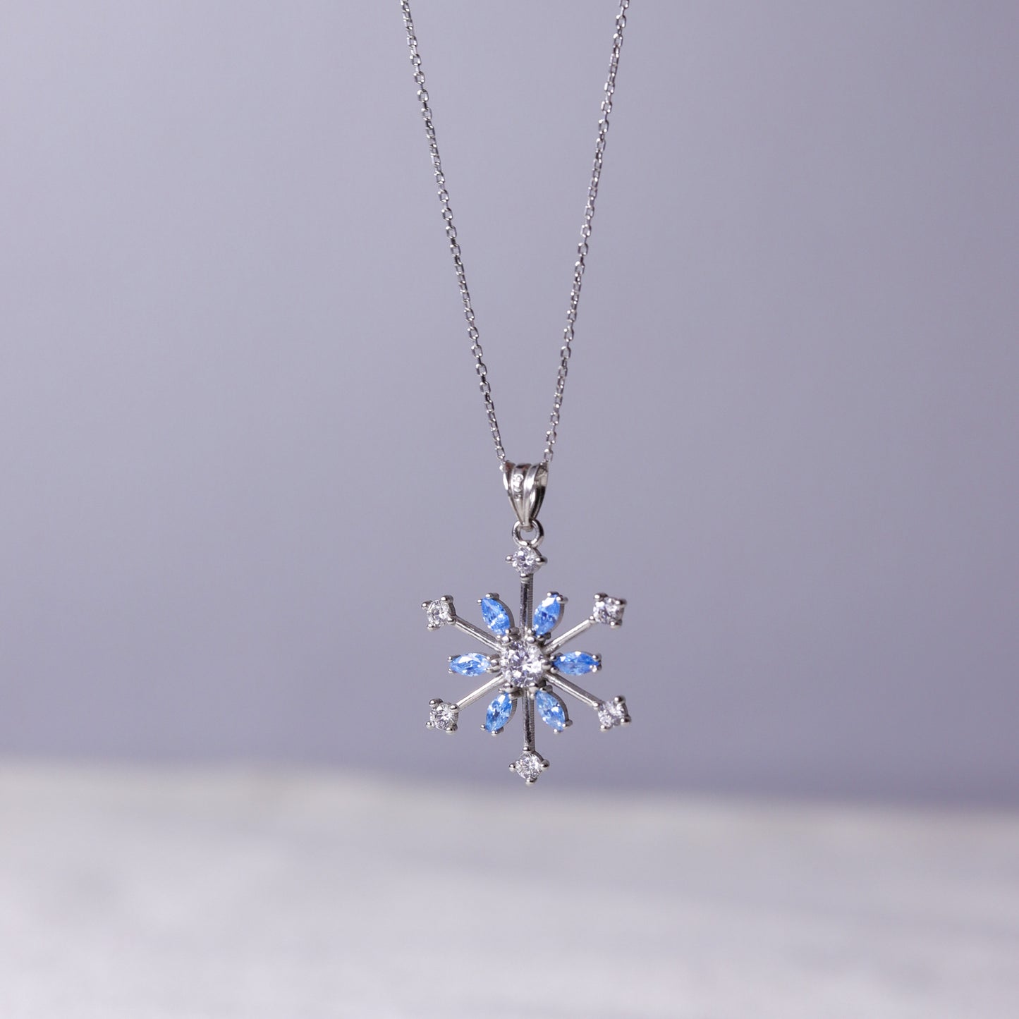 925 Sterling Silver Snowflake Necklace with Aquamarine Stone