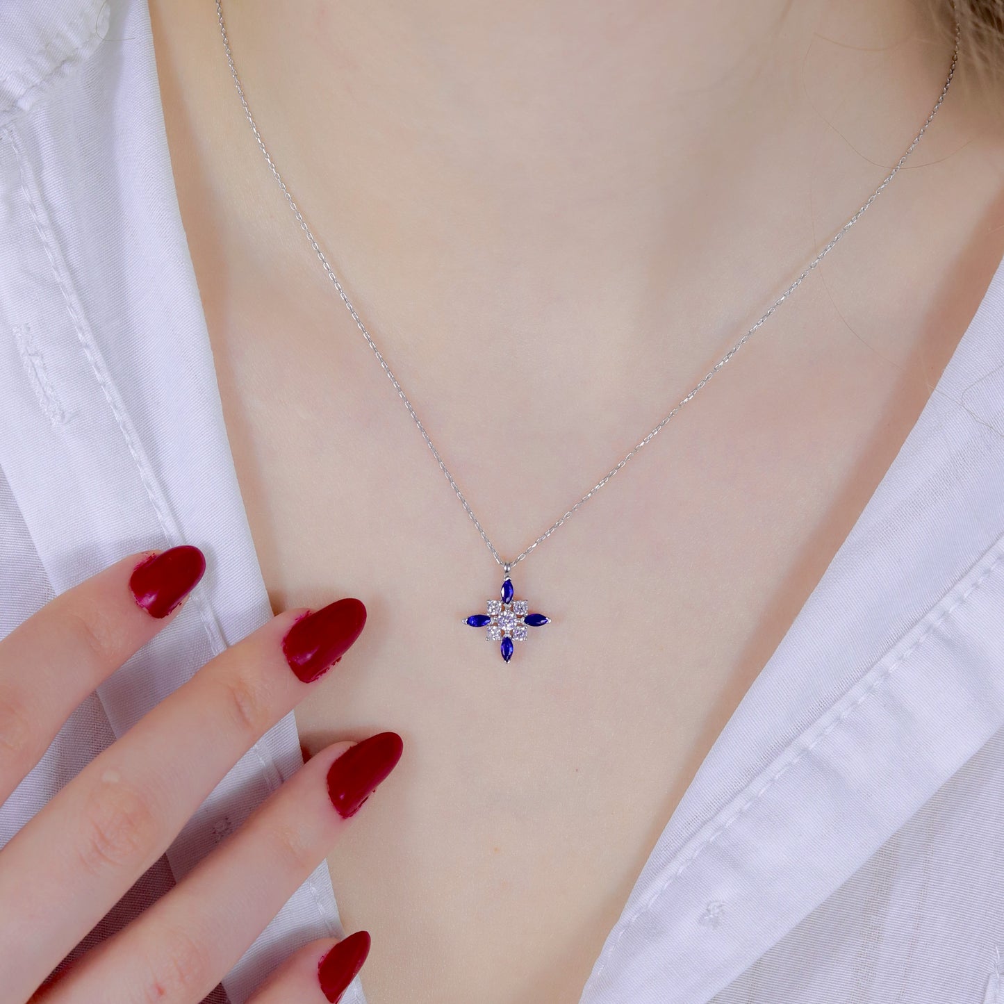 925 Sterling Silver Star Necklace with Sapphire Stone